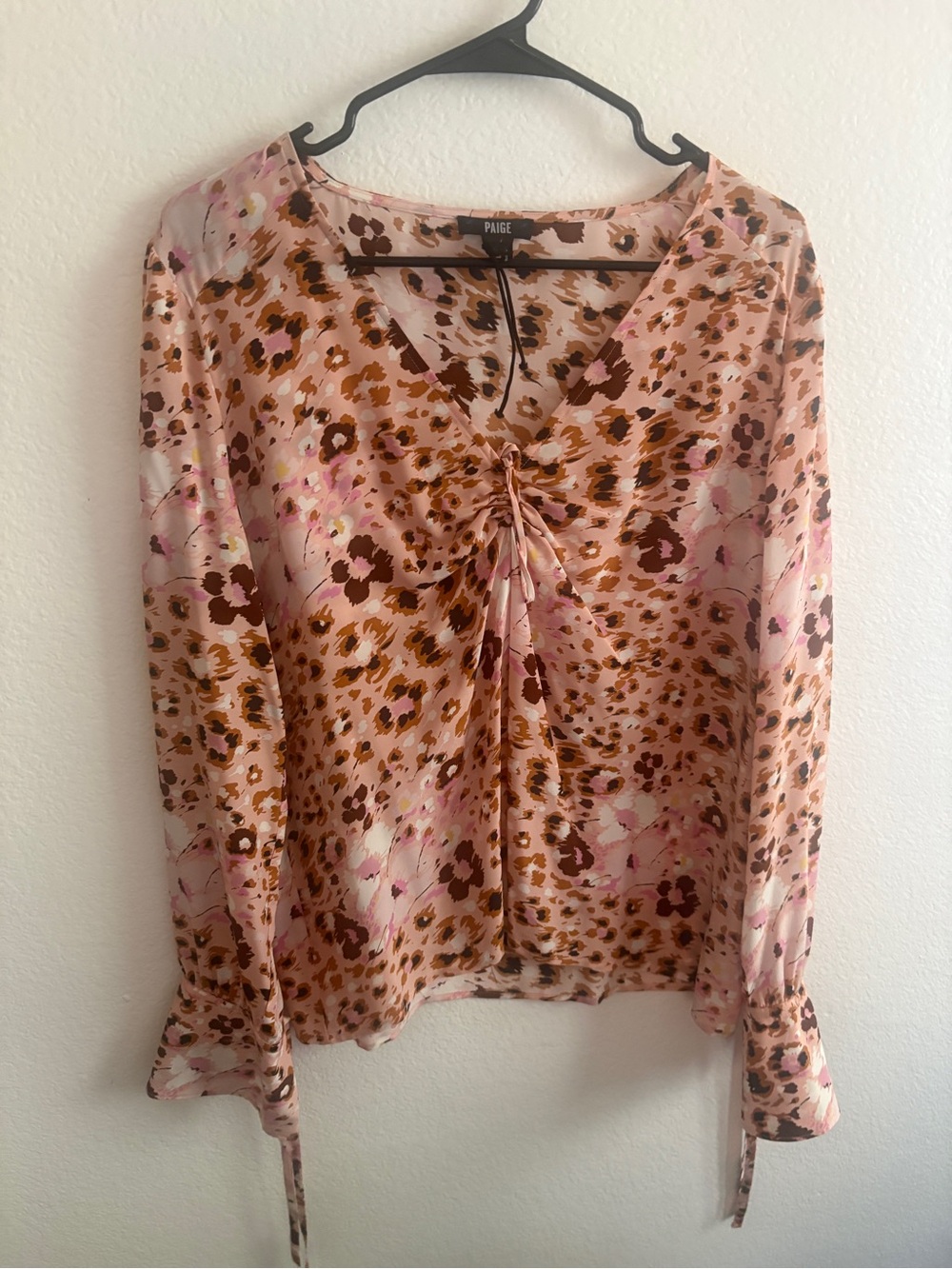 PAIGE Pink and Brown Leopard-Print Long Sleeve Blouse 100% Silk